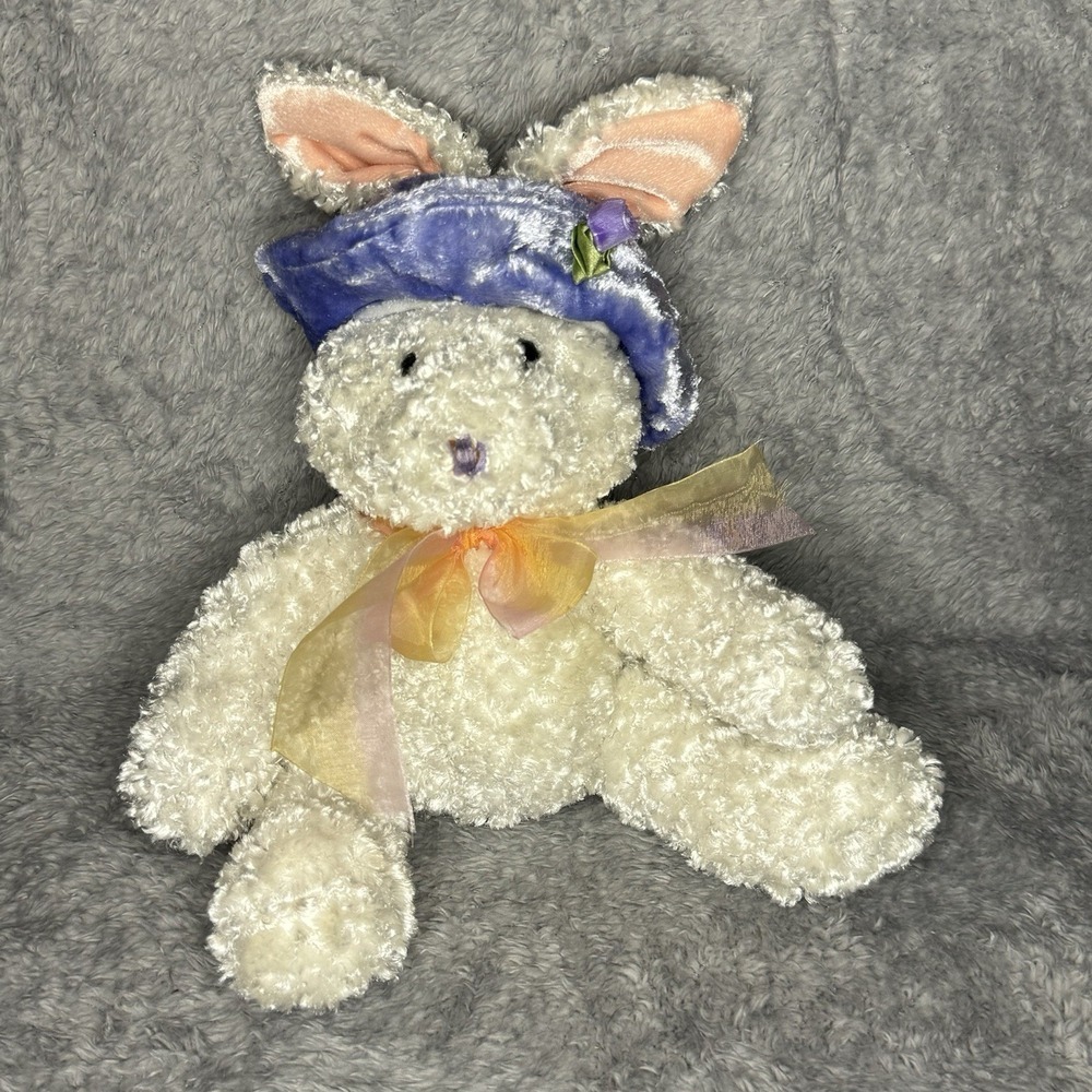 Dan Dee Rabbit Plush 10" White Bunny Stuffed Animal Toy Purple Hat Yellow Bow
